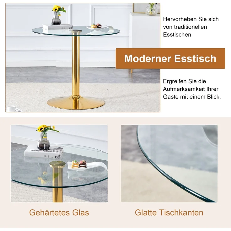 Esstischgruppe H 76 x T 85 x B 85 cm aus gehärtetem Glas und Metall in Schwarz-Gold mit 4 Stühlen – Bild 4