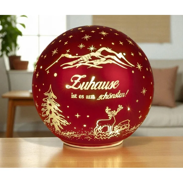 formano LED Deko-Kugel 12cm Rot mit Spruch Zuhause ist es am Schönsten Glaskugel aus mattem Farbglas und goldener Innenfarbe - Herbst Winter Weihnachtsdeko für Tisch Regal Fensterbank – Bild 3