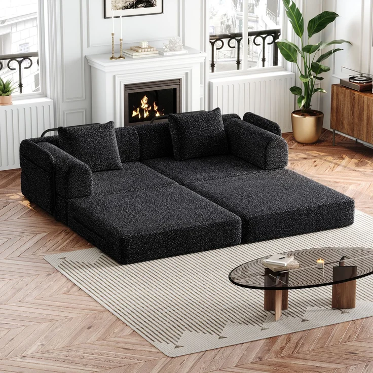 Schlafsofa mit Ablagefach & Stahlrahmen, wandelbarer Einzelsitz Sofa Bett mit rutschfester Unterlage,2-Sitzer,Schwarz – Bild 4