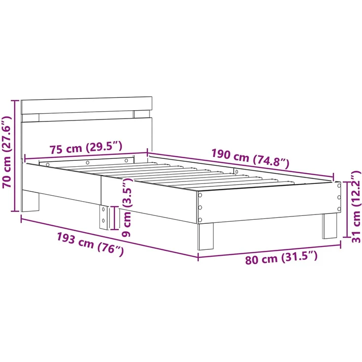 vidaXL Bettrahmen Artisan-Eiche 75 x 190 cm Holzwerkstoff 8003737 – Bild 9