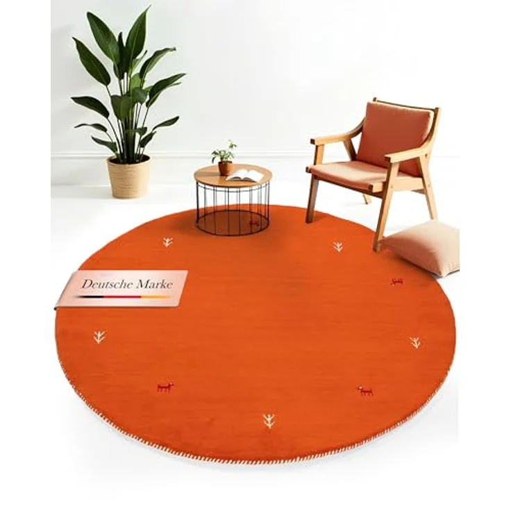 carpetfine 'Gabbeh Uni' Wollteppich, reine Wolle, Orange, ⌀ 150 cm – Bild 2