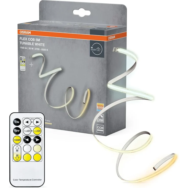 OSRAM FLEX COB 5M LED-Streifen TW RC, gelb, 30W, 1700lm, warm- bis kaltweiß steuerbar, COB-Technologie, homogene Lichtverteilung, mit Fernbedienung, lange Lebensdauer, einfache Montage, IP20