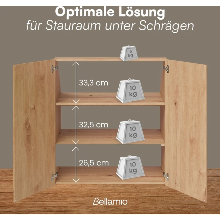 Bellamio 'Aland' Dachschrägenregal mit Türen, Eichenoptik, 100x52x90 cm, Schrank für Dachschräge mit 3 Fächern – Bild 7