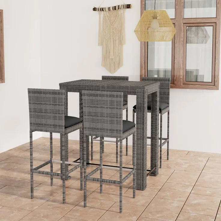 vidaXL 5-tlg. Gartenbar-Set mit Kissen Poly Rattan Grau 3064797
