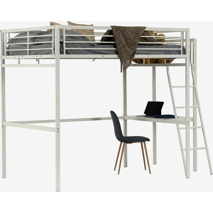 MEUBLE COSY Hochbett 140x190 cm Bettrahmen Etagenbett mit Lattenroste und Schreibtisch aus Glas und Metall, Industriell, für Erwachsene und Kinder, Weiß