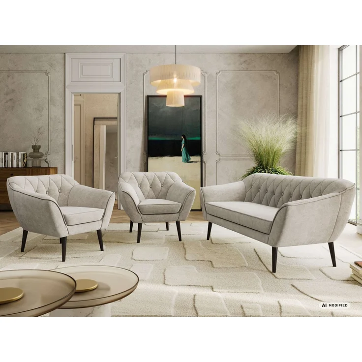 Wohnzimmerset PIRS 1-1-3, Skandinavisches 3-Sitzer Sofa mit Sesseln, Sofa mit Wellenfederung, schwarze Füße, Skandinavisches Möbelset - Beige Stukture – Bild 4