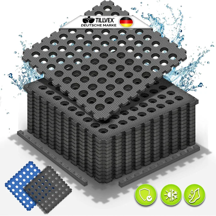 tillvex® Pool Bodenschutzmatte mit Löchern 24 Stück Blau | Unterlegmatte für Pool & Planschbecken 51x51 cm | Poolmatte Bodenmatte Outdoor | Poolunterlage Bodenschutz Matten wärmeisolierend | Whirlpool Bodenfolie weich