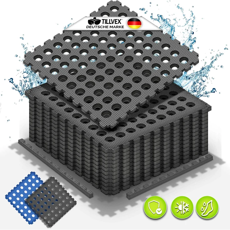 tillvex® Pool Bodenschutzmatte mit Löchern 24 Stück Blau | Unterlegmatte für Pool & Planschbecken 51x51 cm | Poolmatte Bodenmatte Outdoor | Poolunterlage Bodenschutz Matten wärmeisolierend | Whirlpool Bodenfolie weich – Bild 1