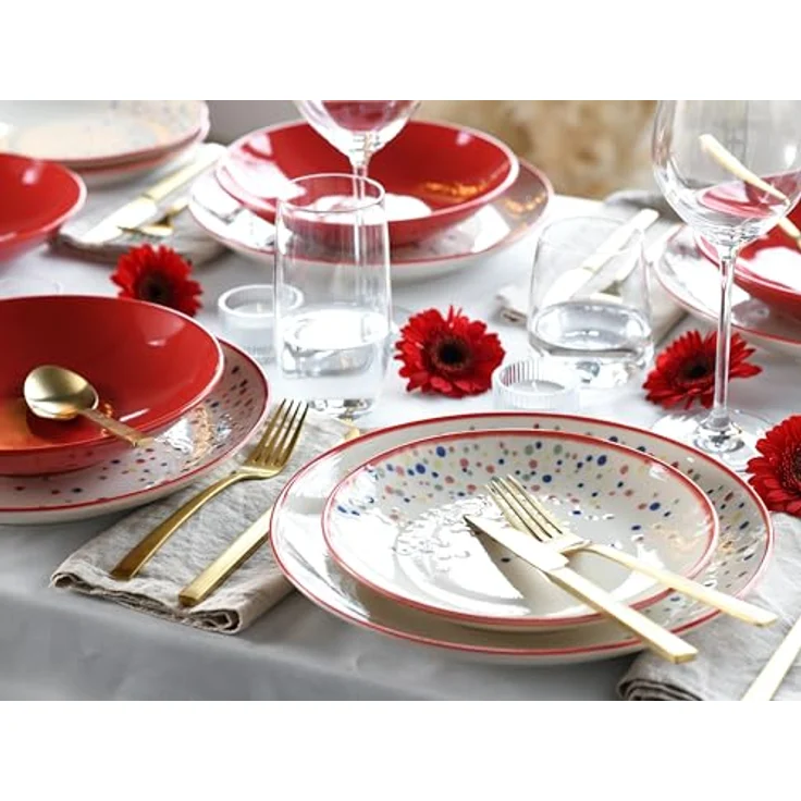Creatable Tafelservice Joy, 12-teiliges Geschirrset in Creme und Rot, handbemalt, lebensmittelecht, stapelbar, Punkte-Design – Bild 2