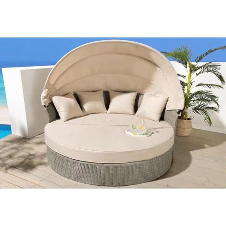 riess-ambiente Sonneninsel PLAYA LIVING 165cm natur · Polyrattan · Aluminium, Einzelartikel 1 Teile, Gartenlounge · einfahrbares Fußteil · klappbares Dach · mit Kissen – Bild 3