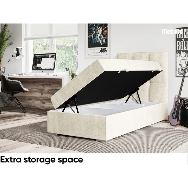 MEBLINI Boxspringbett KAI 80x200cm Rechts - H3/Creme Samt - mit Bettkasten - Gepolstert Einzelbett mit Topper & Taschenfederkern-Matratze – Bild 5