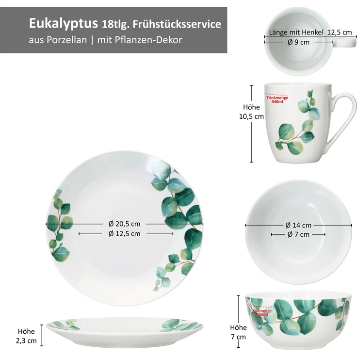 Eukalyptus 18tlg Frühstücksset Porzellan 6 Personen Teller Becher Schale Blatt – Bild 6
