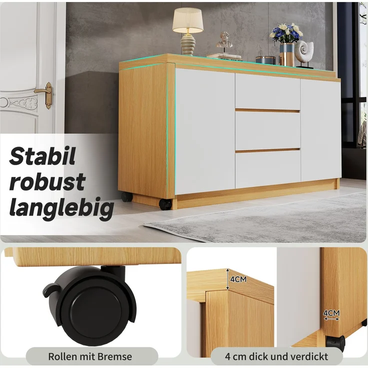 Schreibtisch mit feststellbaren Rollen – multifunktionales Design, 4 cm dickere, drehbare Tischplatte, fest arretierbar, weiß/Eiche, Faltbarer Schreibtisch, Eckschreibtisch, Sideboard,Dicke Materialie--Eiche, Weiß2--120x50x76.5cm--YOUDENOVA – Bild 5