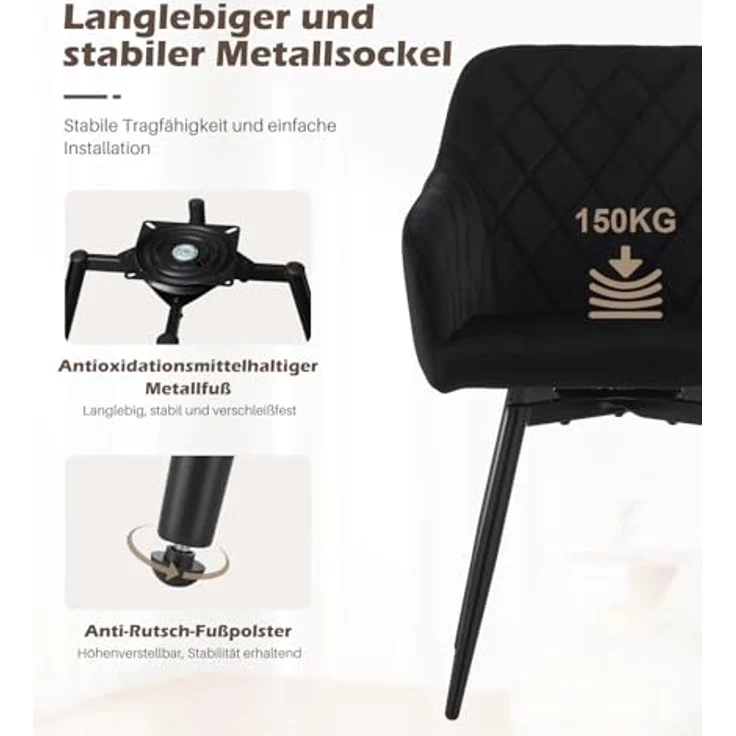 TUKAILAI Esszimmerstühle Drehbar 2er-Set Samt, Drehstuhl Esszimmer mit Armlehnen Rückenlehne Metallbeine,Küchenstuhl Polsterstuhl Armlehnenstuhl für Wohnzimmer Küche Schlafzimmer, Schwarz – Bild 8