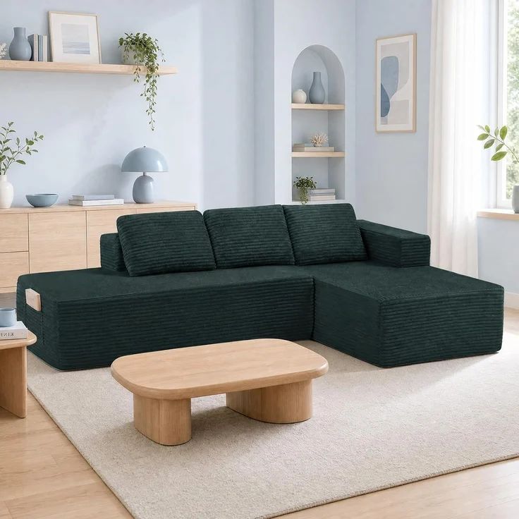 COMHOMA Ecksofa mit Schlaffunktion, 255cm Corduroy Modulares Boneless Couch mit Chaiselongue & Rücken-Metallgestell, L-Form Schlafsofa mit offenem Design, Kissen & Seitentaschen,für Wohnzimmer, Grün-L – Bild 11