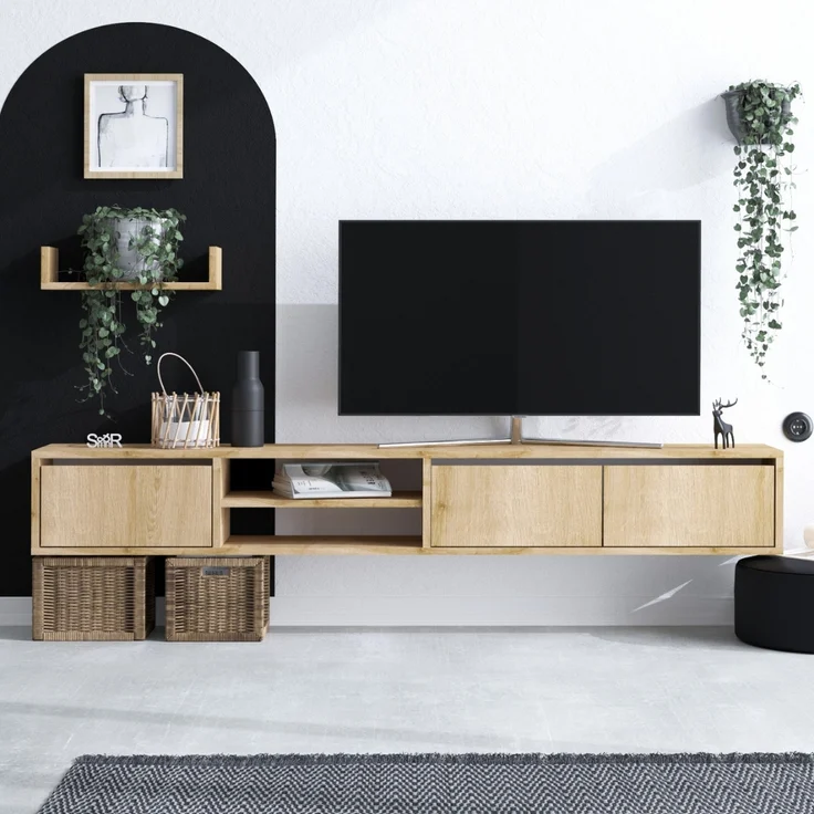 Calicosy TV-Schrank 3 Türen 2 Fächer Eiche Saphir Dekor L180 cm - HEKA - Helles Holz – Bild 5