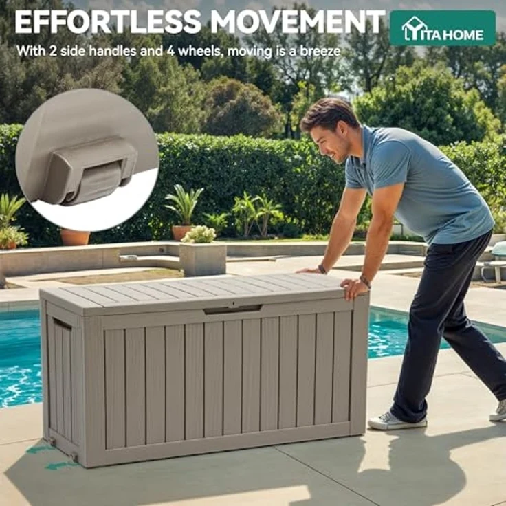 YITAHOME Outdoor-Aufbewahrungsbox mit Rollen, 270L Kunststoff-Gartenbox, Wetterfeste Aufbewahrungskiste für Kissen, Werkzeug & Poolzubehör, Abschließbar, Holzoptik, 114,7 x 46,5 x 57,6 cm, Hellbraun – Bild 4