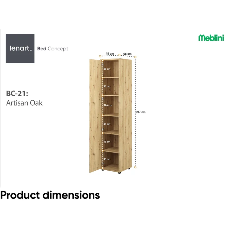 MEBLINI Schrank für Schrankbett Bed Concept - Hochschrank mit Regalen - BC-21 - Artisan Eiche – Bild 7