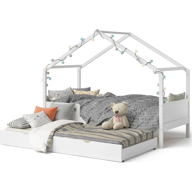 Bellabino 'Bela' Hausbett 90x200 cm mit Gästebett 90x190 cm und 2 Matratzen, weiß, Kiefer Massivholz, Montessori Kinderbett mit Ausziehbett, inkl. Rausfallschutz und Lattenrost – Bild 11