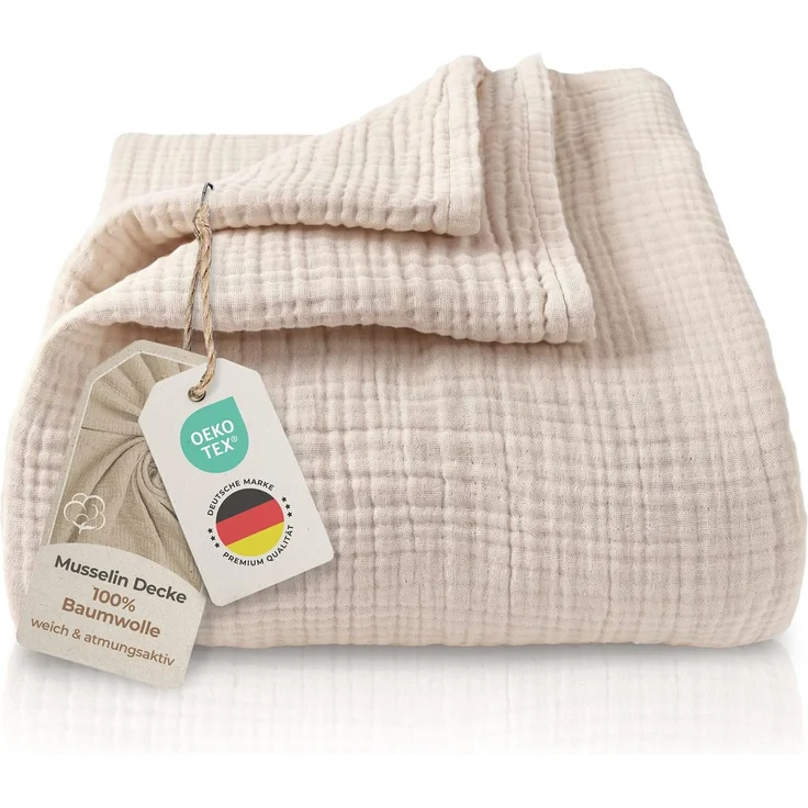 LAYNENBURG Premium Musselin Tagesdecke 180x220 cm - 100% Baumwolle - extraweiche Baumwolldecke als Kuscheldecke, Bett-Überwurf, Sofa-Überwurf, Couch-Überwurf - warme Sofa-Decke (Beige)