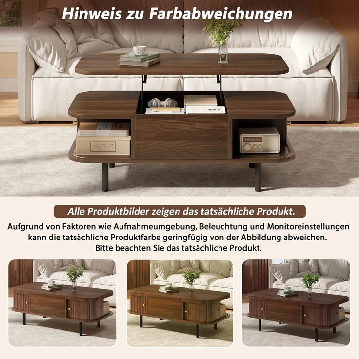 EINHOM Couchtisch Höhenverstellbar 101 x 51 x 52, 5 cm, Walnussholzfarbe 2-in-1 Schreibtisch, 2 Rollladen mit Stauraum, MDF, 4 Tischbeine, Rundkante, Geeignet für Wohnzimmer/Büro/Arbeitszimmer, Tragfähigkeit 75 kg – Bild 6