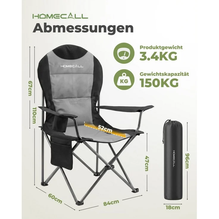 HOMECALL Campingstuhl Hochlehner 110cm mit Lendenwirbelstütze Klappstuhl Angelstuhl Faltbar (Bis 150kg, gepolstert, faltbar, stabil, 2 St), für Camp Garten Balkon – Bild 2