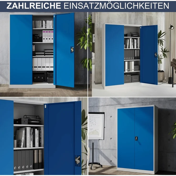 Aktenschrank abschließbar KADO - 5 Ebenen verstellbar, Flügeltüren | Metallschrank Werkstatt Mehrzweckschrank Büroschrank aus Stahl Werkzeugschrank, 185x115x40cm Grau-Blau – Bild 6