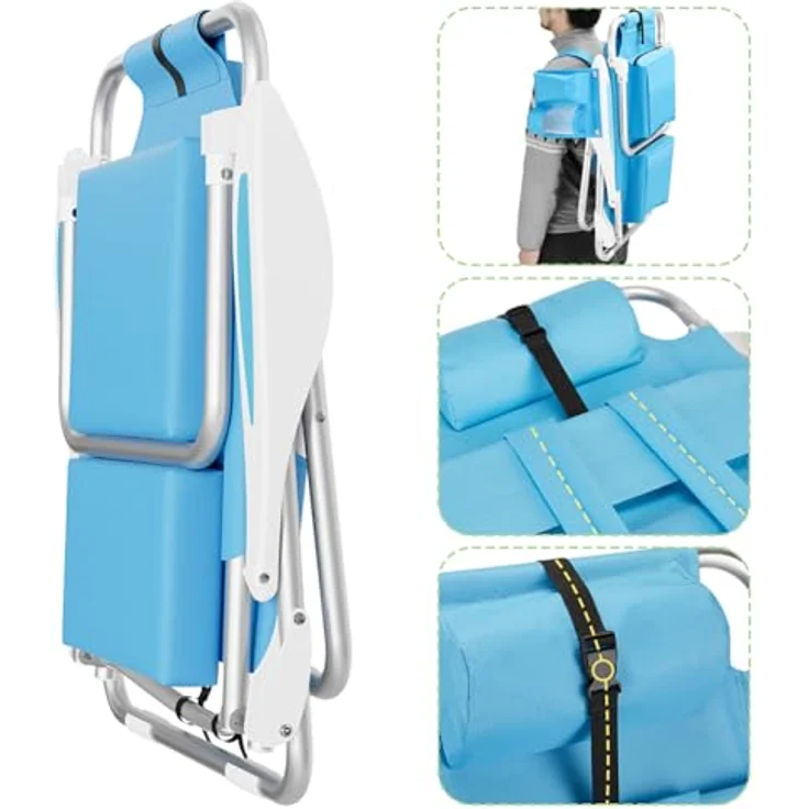 BAKAJI Strandstuhl, faltbar, zusammenklappbar, Gestell aus Aluminium, mit Tasche für alle Gegenstände, integrierte Kühltasche und Rucksackriemen (Blau), Polyester Baumwolle, Unica – Bild 5