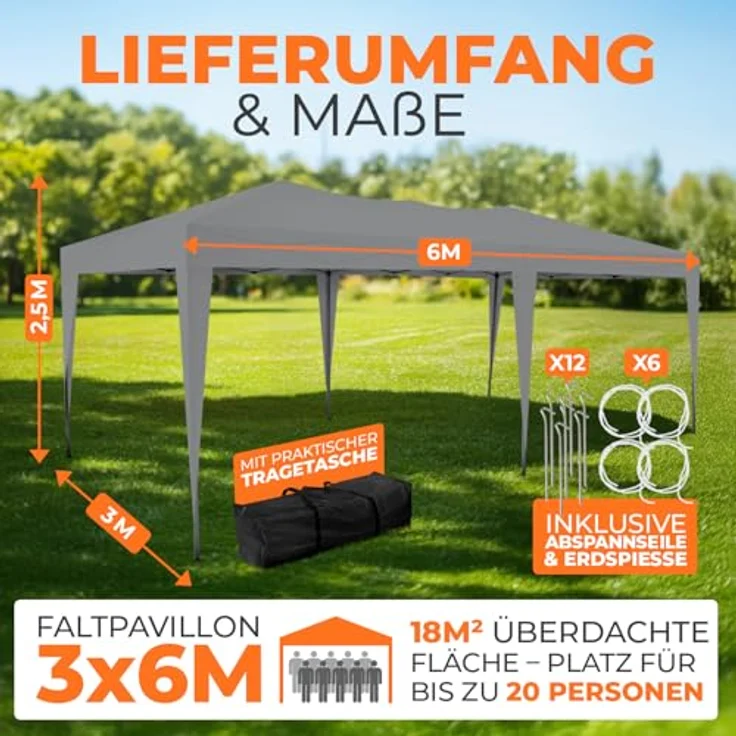 Kronenburg Faltpavillon wasserdicht Pavillon, Gartenzelt, 3x6 m - mit UV Schutz 50+, Grau – Bild 3