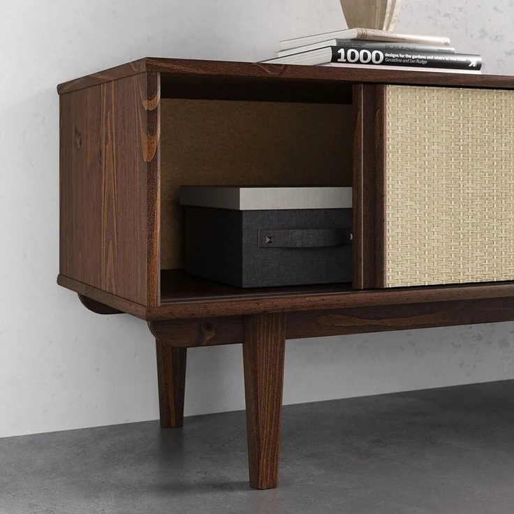 IDIMEX Lowboard SIMONA, TV Schrank 175 cm Massivholz Rattan Schiebetür Nussbaum Finish – Bild 2