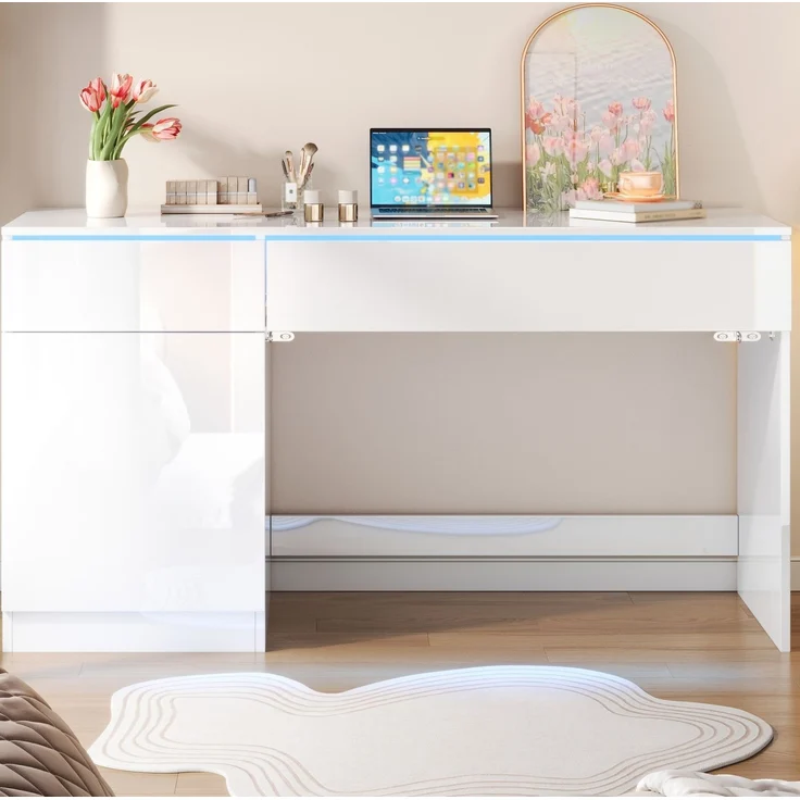 Schreibtisch aus Spanplatte mit LED-Beleuchtung und Stauraum, 120x50x78 cm, Weiß – Bild 1