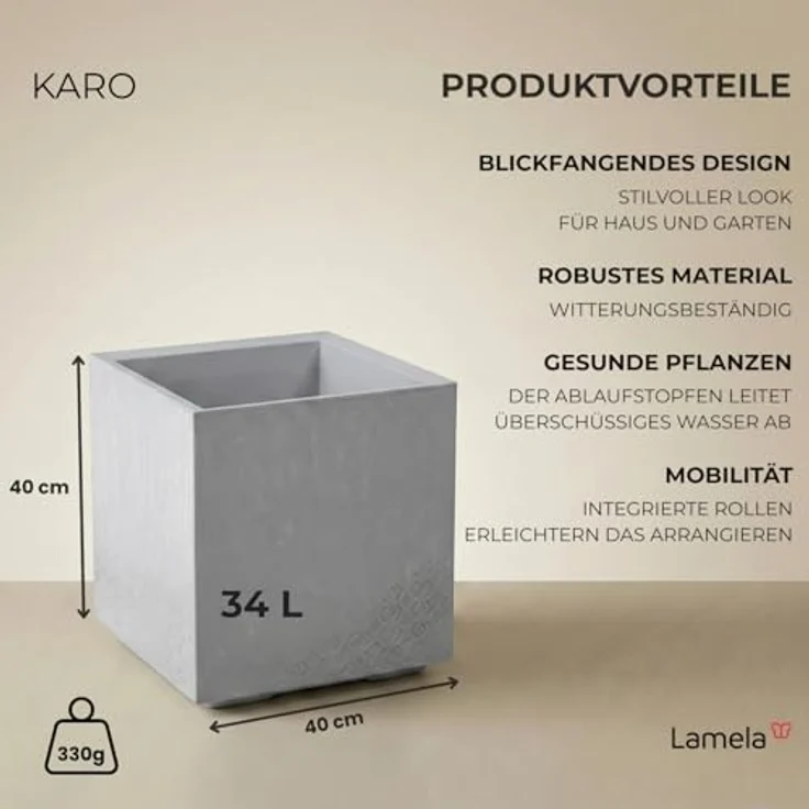 LAMELA Pflanzkübel mit Rollen 40 cm, 36L – Blumentopf aus Kunststoff in Betonoptik – Übertopf mit Wasserablauf – Modern für Innen & Außen - Wetterfest & Pflegeleicht, Hellgrau – Bild 3
