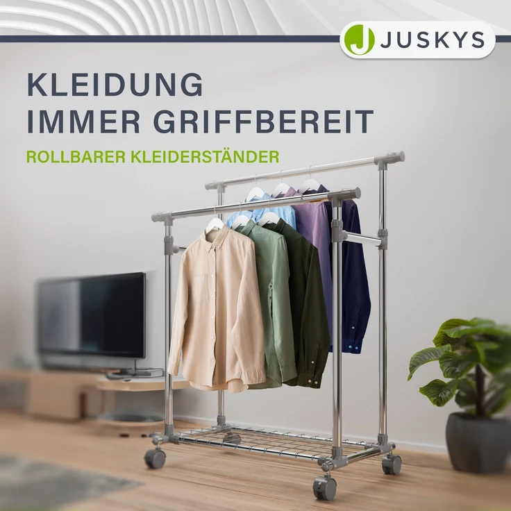 Juskys Metall Kleiderständer auf Rollen - Ständer mit 2 Stangen & Ablage - mobiler Garderobenständer - Kleiderwagen stabil - Kleiderstange Silber – Bild 8
