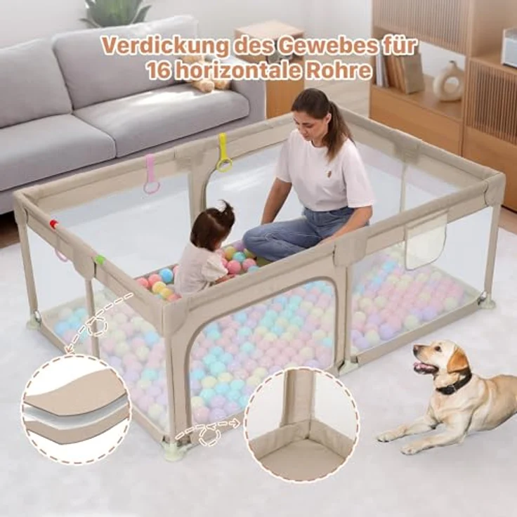 Dripex Laufgitter Laufgitter Laufgitter aus nachhaltigem Leinenstoff Laufgitter 120x180 cm XXL Kinderlaufgitter Großer Sicherheitsbereich mit 5 Laufgitterringen braun – Bild 5