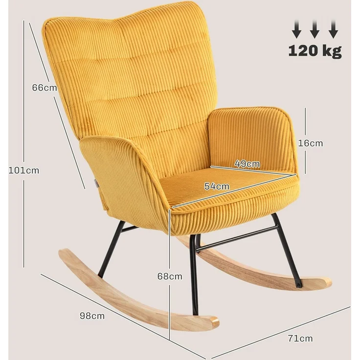 HOMCOM Schaukelstuhl Sessel mit Kord-Optik, Armlehne, Holzkufen (Schaukelsessel, 1 St), für Wohnzimmer, Schlafzimmer, Gelb – Bild 3
