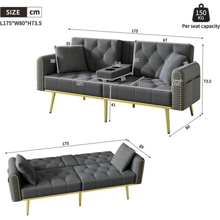 Merax Schlafsofa mit 3 verstellbaren Neigungswinkeln & ausklappbarer Liegefunktion, 2 sitzer Klappsofa Polstersofa mit bettfunktion 1 Teile, Sofa klappbar mit Getränkehalter, Zierkissen & Seitentasche, Samtbezug – Bild 4
