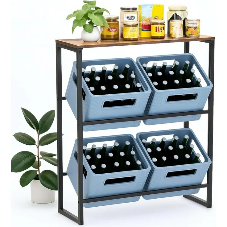 DanDiBo Getränkekistenregal mit Ablage 4 Kisten Schwarz Metall Holzablage 96658 Getränkeregal Kistenregal Getränkekistenhalter Getränke Regal Bierkistenregal