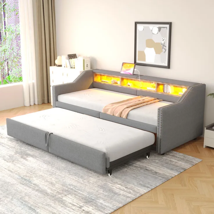 Schlafsofa 209,5×97 cm aus Samtstoff mit ausziehbarem Bett, gepolstert, modernes Tagesbett,Beige