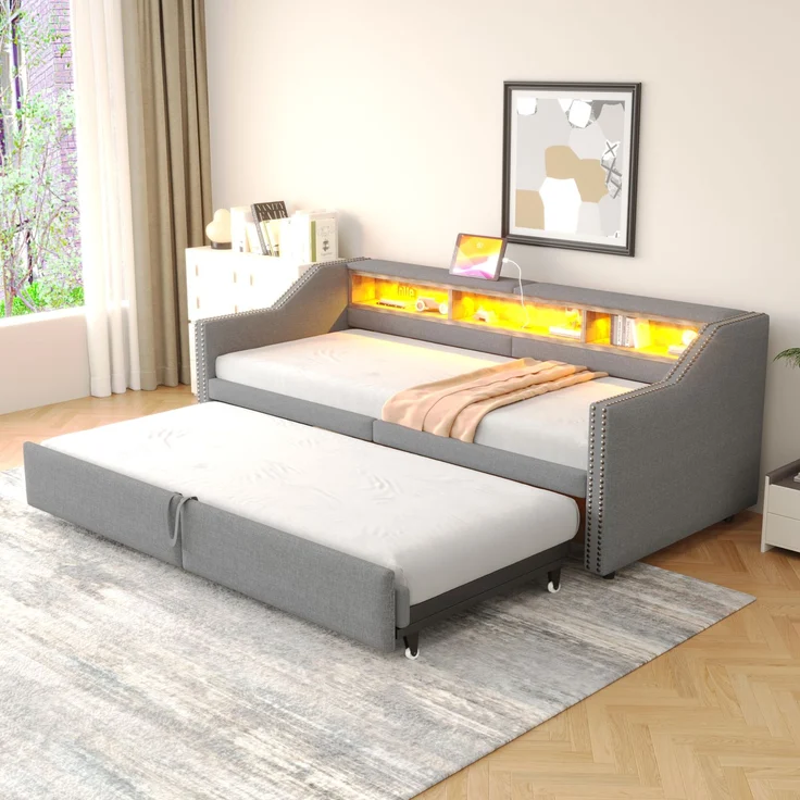 Schlafsofa 209,5×97 cm aus Samtstoff mit ausziehbarem Bett, gepolstert, modernes Tagesbett,Beige – Bild 1