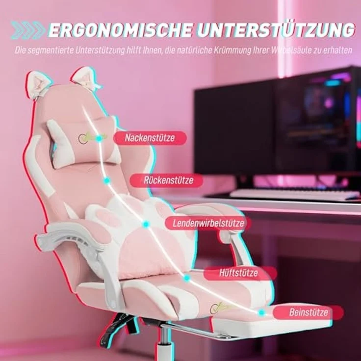 Vinsetto Gaming-Stuhl PC Stuhl Kunstleder (Computerstuhl, 1 St), Katzenohren, Lendenkissen mit Katzenpfoten, Fußstütze – Bild 6