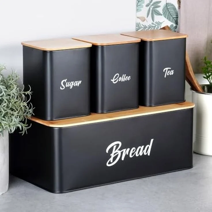 Brotkasten VILDE Set mit Behältern Metall-Bambusplatte schwarz 4-teilig – Bild 3
