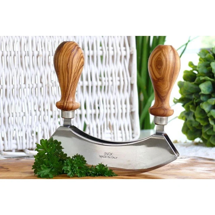 Olivenholz-erleben Wiegemesser DESIGN mit gedrechselten Griffen aus Olivenholz, Doppelklinge aus Edelstahl, gedrechselte Griffe, angenehme Haptik – Bild 1