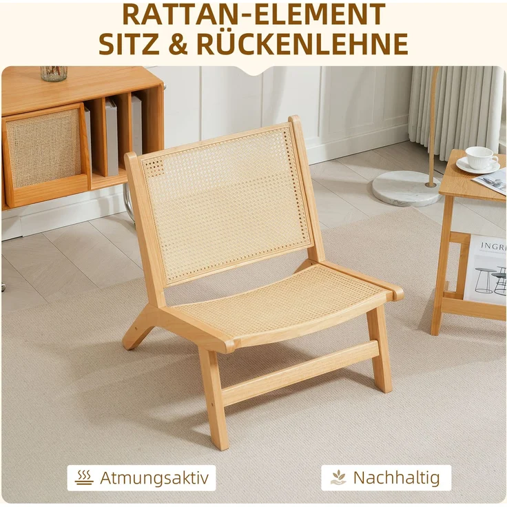 Rattanstuhl, Lesestuhl, Holzrahmen, breiterer Sitz, 64 x 70 x 74 cm, Naturholz--Naturholz--74x64x70cm--YOUDENOVA – Bild 6
