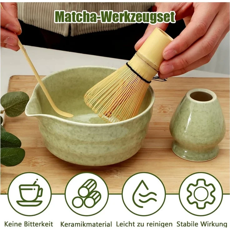 TUWENA Teeschale 5er-Set Matcha-Set, Matcha-Rührer-Set, Matcha-Schüssel mit Ausgießer, Matcha-Rührer, Ständer, Matcha-Löffel, Teelöffel, Matcha Besen 5er-Set – Bild 3