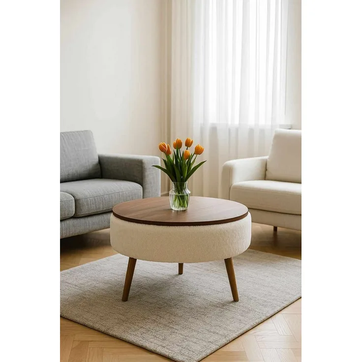 Skye Decor Couchtisch Noya, runde Tischform, 60 cm Durchmesser, Weiß / Walnuss, Massivholzgestell