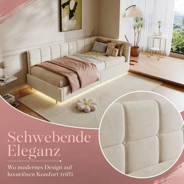 Simurq Daybed Tagesbett 90x200 mit Stauraum, Samtbett, Polsterbett, Gästebett, mit LED & USB Port, L-Form, Mit Lattenrost, Wohnliches Design – Bild 2
