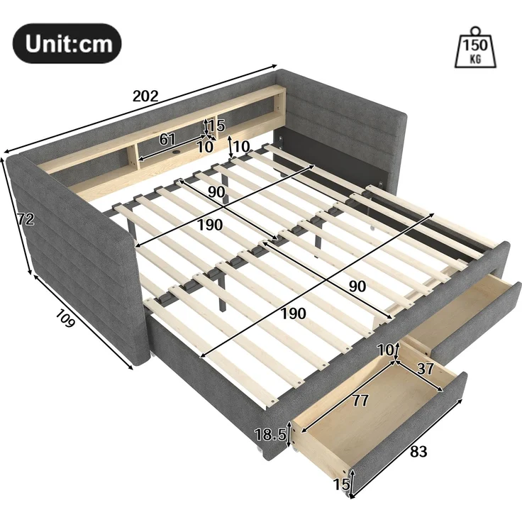 Tagesbett, Daybett, Schlafsofa, 90 × 190 cm, multifunktionales Ausziehbett-Design, USB- + Typ-C-Anschlüsse, mit zwei Schubladen, mehreren Staufächern, LED-Lichtleiste, Ohne Matratze, Samt, Grau – Bild 8