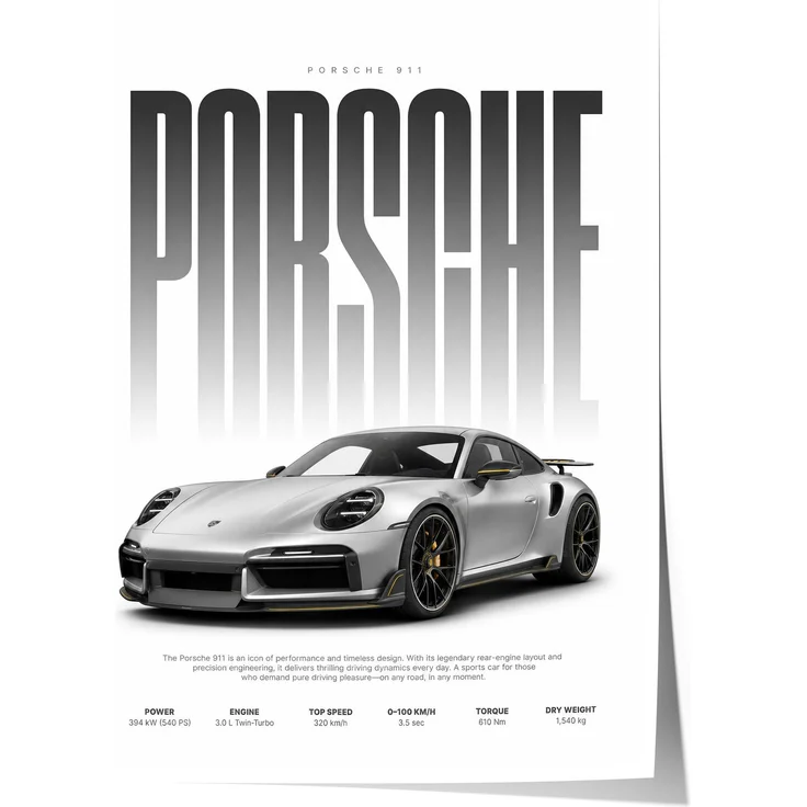 Silberner Sportwagen Poster · Geschenkidee · Luxus Coupé Wandbild · Deko Print ohne Rahmen - 100 x 150cm
