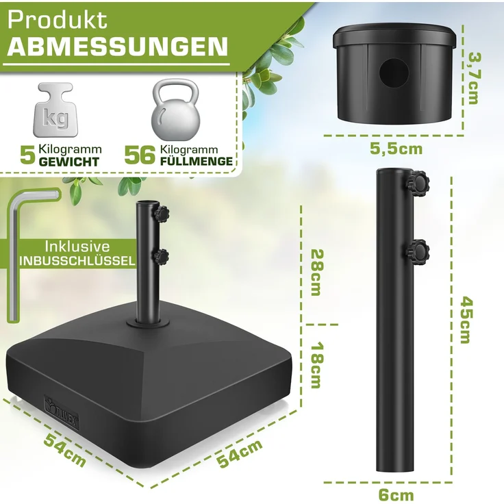tillvex® Sonnenschirmständer GRAVIA mit Rollen & Bremsen Schwarz | Schirmständer befüllbar 37 Liter / 56 kg | Schirmgewicht Sonnenschirm & Marktschirm Ø 1,8-3,7m | Ampelschirmständer wetterfest – Bild 3