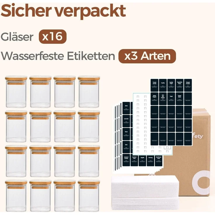 16er Set Gewürzgläser Glas Bambusdeckel 170ml + 275 Etiketten – Bild 8